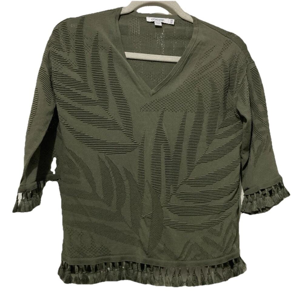 Chico’s Open Knit 3D Top Women Size 00 US XS/2 Green Tassels V-neck Boho